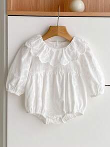 SHEIN B136 Spring & Autumn Floral Embroidery Ruffled Collar Long Sleeve Baby Girl Bodysuit Fall Winter - White - View 6
