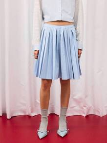 COUREZ 中长款百褶裙，侧开衩 / Y2K 度假风秋季女装，秋季外出穿搭，可爱性感，返校季必备 - 藍色 - 查看 5