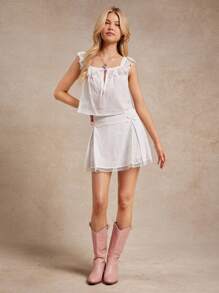 WESTFADE 100% 刺绣棉质花卉蕾丝方领蝴蝶结前褶饰吊带娃娃装上衣夏季西部乡村牛仔女郎纳什维尔音乐会早午餐波西米亚海滩度假 - 白色 - 查看 3