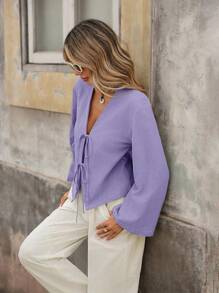 Brillora Woven Solid Color Flared Long Sleeve Loose Regular Fit Ladies Blouse - Mauve Purple - View 3