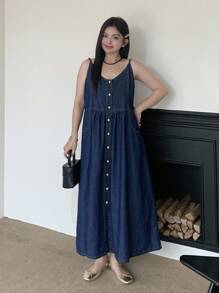 Dazy Plus Dark Wash Blue A-Line Denim Pinafore Dress, All Season - Dark Wash - View 6