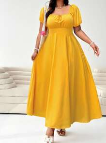 Solflare 加大码女式黄色短袖休闲系带前腰收腰优雅度假装女士休闲婚礼宾客礼服，春夏季，太阳裙，毕业礼服，节日，生日礼服 - 黃色 - 查看 4