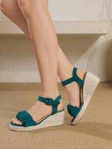 Styleloop Sandalias de cuña con suela gruesa tejida para mujer, zapatos con suela gruesa de estilo bohemio, adecuados para Halloween, Navidad, fiestas - Verde Oscuro - Ver 5