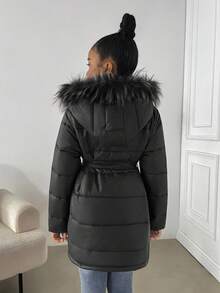 SHEIN 青少年女孩休闲仿毛领长袖棉服外套 - 黑色 - 查看 2