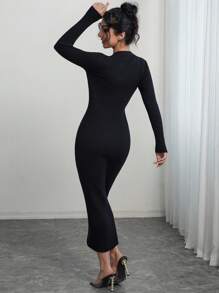 INAWLY Women's Elegant Minimalist Button Half-Placket Fitted Long Sleeve Sweater Dress Fall Winter Cloth For Women