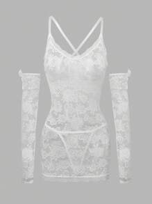 4pcs/Set Wedding Season Lace Nightgown Babydoll + G-String + Bow Decor Gloves Bowknot - White - View 5