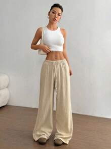 SHEIN Tall 1 件女士休闲宽松低腰休闲裤，杏色，适合通勤、居家、四季