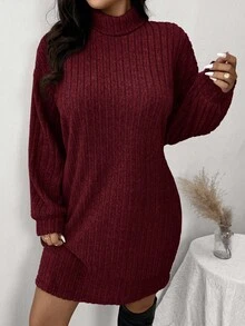 SHEIN Frenchy 休闲简约高领罗纹拉绒连衣裙，加大码，适合秋冬休闲居家穿着 - 酒紅色 - 查看 5