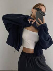 DAZY 女士纯色立领收腰保暖内衬夹克，冬季外套，秋季女装 - 藏蓝色 - 查看 7