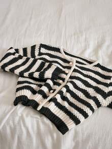 EMERY ROSE Women's Casual Striped Cardigan,Long Sleeve Tops - Black and White - View 7