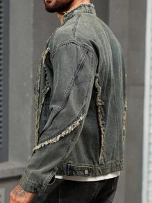 Manfinity LEGND 男士破洞牛仔夹克，磨边设计，街头风格 - 藍色 - 查看 6