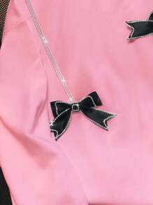 SHEIN Sudadera de cuello redondo de manga larga con adornos de strass y decoración de lazo, regalo de otoño para amigos - Rosa - Ver 3
