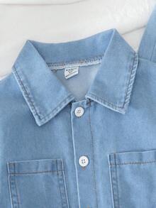 SHEIN 2 件幼儿男童韩版牛仔领长袖衬衫 + 时尚休闲牛仔裤套装，春秋 - 藍色 - 查看 4