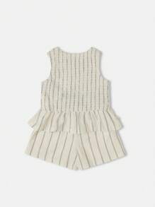 SUMWON 夏季条纹无袖荷叶边背心套装，含松紧腰短裤，休闲装，春季假日海滩装，女童时尚装 - 杏色 - 查看 2