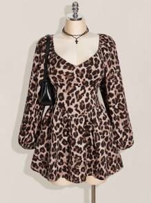 SHEIN ICON Plus Size Leopard Print Lantern Sleeve Cinched Waist A-Line Mini Dress,Beige,Autumn,Classy,Night Out Club,Y2K Style Long Sleeve Dates Parties Dress - Multicolor - View 1
