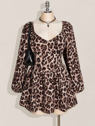 SHEIN ICON Plus Size Leopard Print Lantern Sleeve Cinched Waist A-Line Mini Dress, Y2K Style, Suitable For Autumn, Dates, Parties Leopard Print Dress Long Sleeve Dress