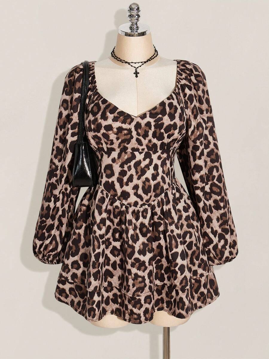 SHEIN ICON Plus Size Leopard Print Lantern Sleeve Cinched Waist A-Line Mini Dress,Beige,Autumn,Classy,Night Out Club,Y2K Style Long Sleeve Dates Parties Dress - Multicolor - View 1