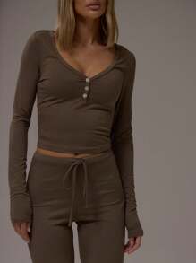 MUSERA Ensemble deux pièces avec Top à manches longues col V boutonné ajusté et pantalon droit à taille nouée. Tenue de détente, de vacances d'été, d'aéroport élégante.