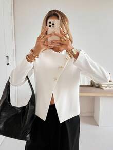 Siren Gaze Women's Autumn/Winter New Oblique Placket Metal Button Jacket White White - White - View 3