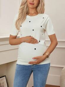 SHEIN 孕妇心形刺绣针织圆领短袖毛衣 - 白色 - 查看 4