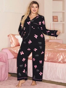 SHEIN Cute Bow Print Contrast Color Lapel Long Sleeve Top & Pants Plus Size Loungewear Set, Fall Winter Clothes, Cozy Outfits, Christmas - Multicolor - View 3