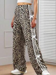 Sparklyn Tween Girls Wide Leg Geometric Print Long Pants With Pockets And Side Bow Details Leopard Pants Cheetah Print Pants Leopard Print Pants Tween Girl Leopard Set Fall Winter - Multicolor - View 3