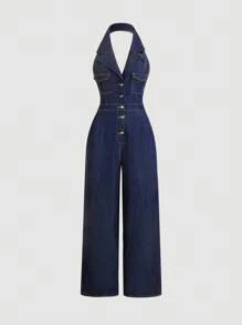 SHEIN MOD MOD Women's Halter Neck Backless Denim Jumpsuit