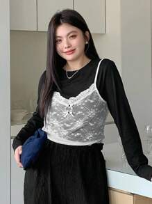 Dazy Plus 大码女式撞色蕾丝吊带背心长袖修身T恤 - 黑色 - 查看 9