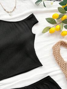 Soleia 女士纯色斜肩罗纹T恤和短裤休闲两件套 - 黑色 - 查看 5