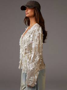 Athîral Women's Sequin Side Tie Loose Long Sleeve Fashion Blouse Sequin Blouse