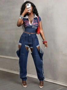 SHEIN BamGlam 时尚镂空口袋女式牛仔裤 - 深色水洗藍 - 查看 1