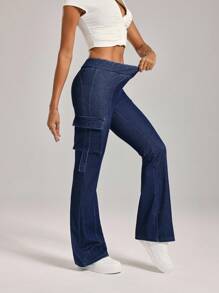 Flexra Calça Denim Feminina Casual, Versátil, Cintura Fina e Perna Flare, Para Uso Diário - Azul - Visão 3