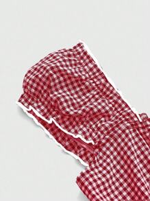 ROMWE Kawaii Áo sơ mi kẻ caro cổ vuông chữ A dễ thương cho thiếu nữ ngây thơ - Đỏ - Xem 4