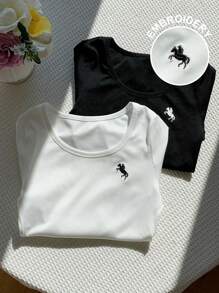 Comfortcana 女士休闲日常刺绣圆领罗纹长袖T恤 - 黑與白 - 查看 1