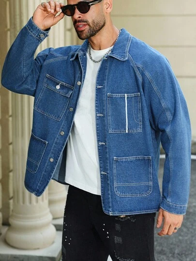 Manfinity Homme Men's Plus Size Blue Vintage Washed Embroidered Collar Versatile Loose Denim Jacket Suitable For Husbands And Boyfriends , Fall