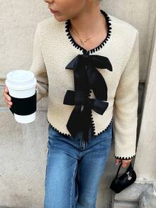 Firerie Kids Firerie Kids 青少年女孩纯色拼布撞色饰边系带长袖休闲羊毛夹克，女孩撞色蝴蝶结装饰长袖夹克 - 卡其色 - 查看 5