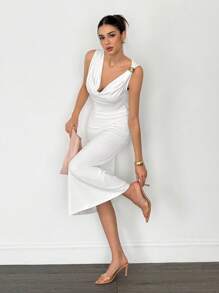 SHEIN Tall Vestido blanco de mujer con cuello asimétrico, cintura fruncida y longitud media, vestido elegante y sexy para ir al trabajo, vacaciones, elegante, sexy, playa, Hawái, temporada de bodas, graduación. Vestidos blancos para mujer, vestido ajustado, graduación, atuendos de maestra, vestido de maestra