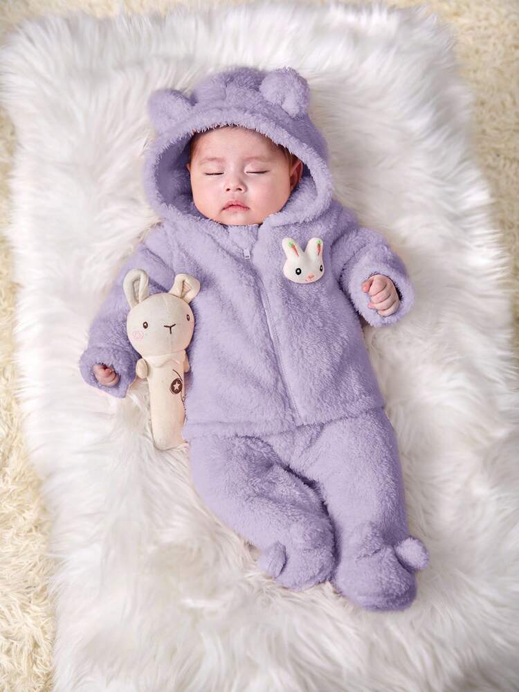 SHEIN Newborn Baby Girl Cute Pink Fluffy Cartoon Pattern Hooded Jacket And Elastic Waist Pants Set, Autumn/Winter Fall - Purple - View 1