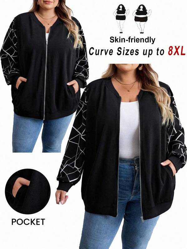 SHEIN CURVE+ Curve Plus Size/Autumn Clothes /Fall Women Clothes/Winter Clothes For Women/Winter ClothesPlus Size Women Bomber Jacket, Suitable For Autumn & Winter Wear, Black Zipper Winter Top, Women Winter Outerwear Plus Size Jackets Plus Size Zip Up Jacket 8xl Women Clothes Plus Size Bomber Jacket 6xl Plus Womans Clothes