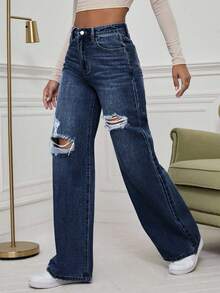 Casual Washed Distressed Straight Leg Jeans - Dark Wash - View 5