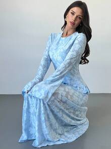 Firerie Rochie midi elegantă pentru femei, decupată, cu volane, în linie A, cu mâneci evazate, albastră, potrivită pentru vacanță, întâlniri, întoarcerea la școală, absolvire, purtare zilnică