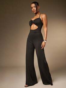 Hauture 性感夏季休闲中心石装饰细节镂空吊带背心阔腿连体裤 - 黑色 - 查看 3