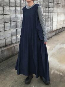 FRIFUL Women's Navy Blue Solid Color Round Neck Sleeveless Side Slit Large Pocket Decorated Maxi Denim Dress, Autumn - Blue - View 4