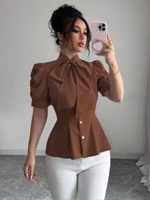 Selianne Áo sơ mi nữ cổ thắt eo màu trơn thanh lịch, mùa hè - Rỉ Nâu - Xem 6