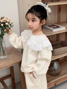 DAZY 2pcs/Set Young Girls Round Neck Lace Patchwork Long Sleeve Casual Sweatshirt And Loose Fit Pants Set - Apricot - View 4
