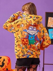 Nick 90s | SHEIN 女士休闲日常万圣节卡通图案连帽衫 - 橘色 - 查看 1