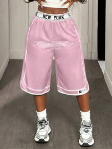 BamGleam Women's Letter Print Waistband Wide Leg Loose Casual Capri Sports Sweatpants - Pink - View 7