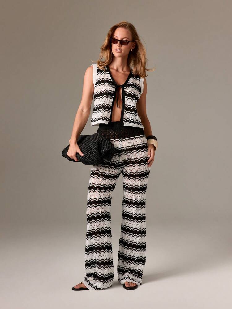 Wave Pattern Knit Vest With Matching Wide Leg Pants