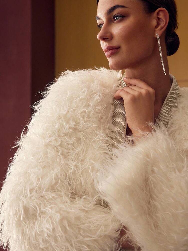 CONTRAST TRIM LONG SLEEVE FAUX FUR COAT