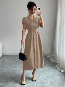 Elenzga Đầm midi dáng suông cổ ve lật tay ngắn màu trơn đơn giản dành cho nữ - Màu Khaki - Xem 5